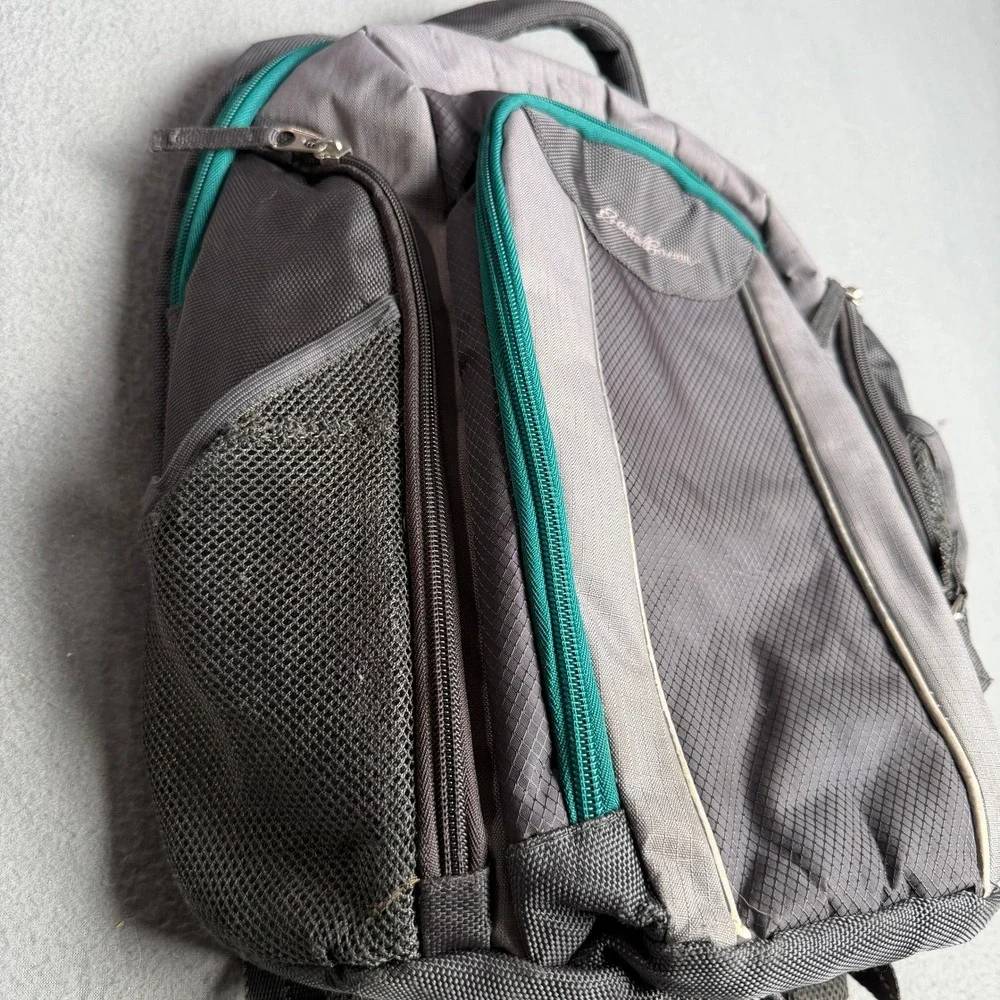 Eddie‎ Bauer Backpack Gray Teal Ripstop Insulated Pocket Hiking Travel Daypack